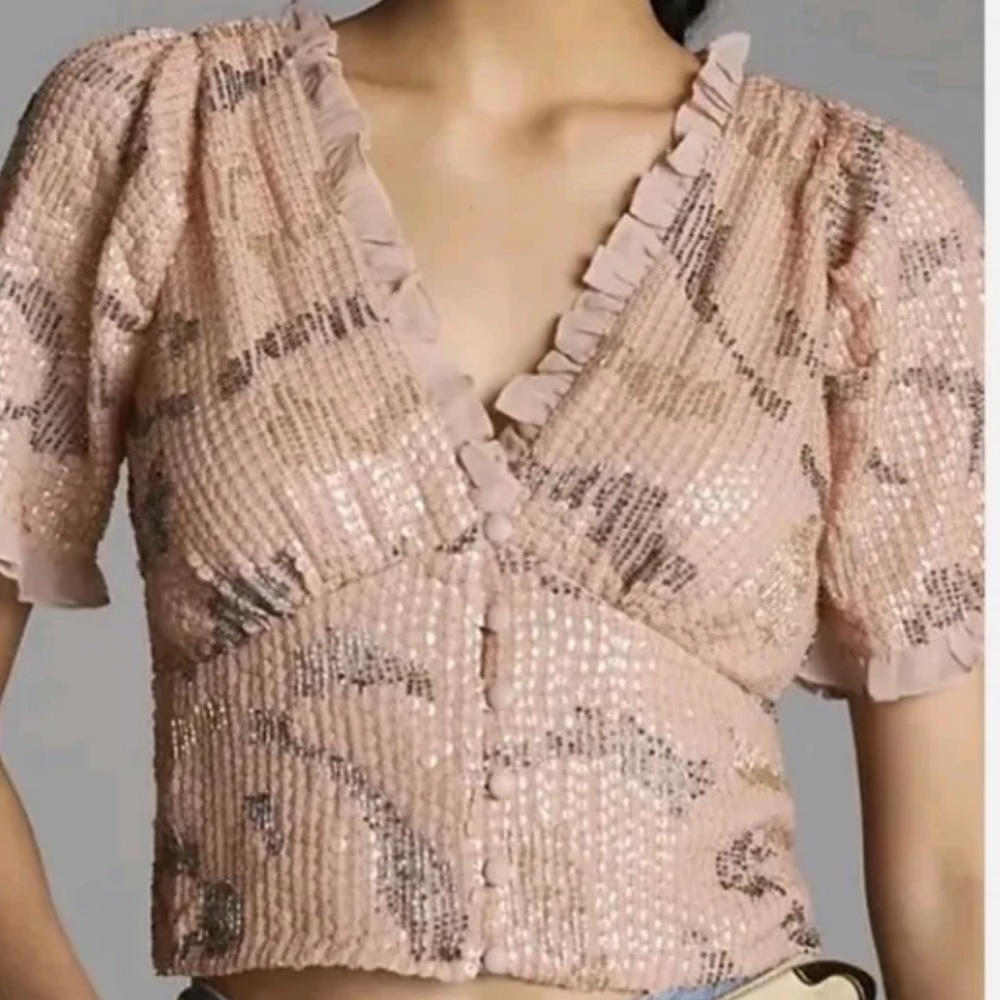 Anthropologie Blush Pink Sequin Ruffled V-Neck Top